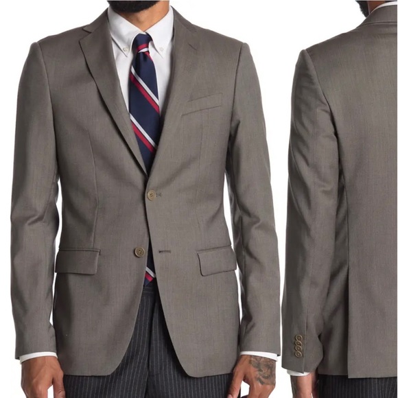 John Varvatos Star USA Luxe Brown Grey Suit Dark Beige Pant 2 Button Jacket Wool